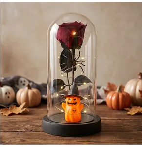 Rosa preservada de Halloween en cúpula de cristal con fantasma de calabaza y luces LED