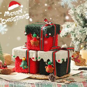 Hoogwaardige Verdikte Flanellen Kerstcadeaudoos Leuke Rendier 3D Decor Appel Snoep Verpakkingsdoos Met Strik Kerstfeest Gunst Container