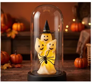 Halloween glowing ghost glass dome lamp with spider decor for festive table decoration