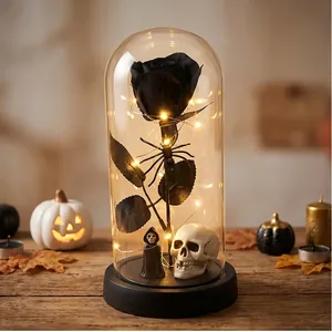 Rosa Preservada de Halloween en Cúpula de Vidrio Calavera Mano de Esqueleto Luces LED Decoración de Fiesta Gótica Regalo