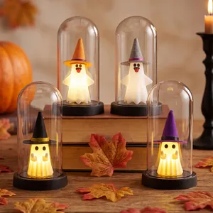 Halloween Ghost Night Light Spooky White Ghost With Wizard Hat LED Glow Glass Plastic Dome Tabletop Ornament For Party Decor