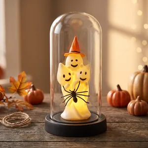 Halloween glass dome ornament with glowing ghosts and spider for festive tabletop decor