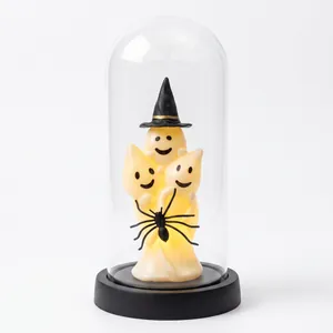 Halloween glass dome ghost atmosphere lamp with witch hat and spider for table decoration