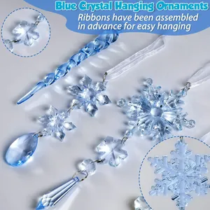 Set of 18 blue crystal Christmas hanging ornaments with snowflakes and icicle shapes