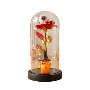 Lámpara cúpula de cristal Halloween con rosa, calabaza y ojo