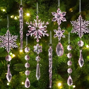 Set of 18 pink transparent acrylic Christmas tree ornaments with snowflakes and icicles