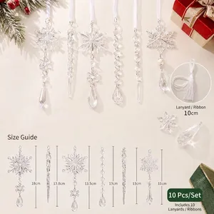 Set mit 10 transparenten Acryl-Weihnachtsflocken und Eiszapfen-Anhängern mit Kordeln