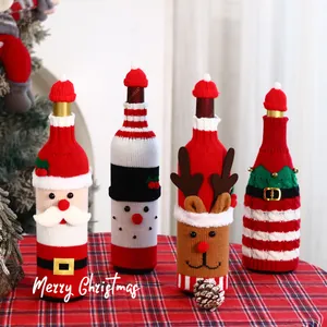 Housses de Bouteille de Vin en Tricot de Noël Motif Père Noël Renne Bonhomme de Neige Décoration de Table Fête de Noël Cuisine Décoration de Bouteille