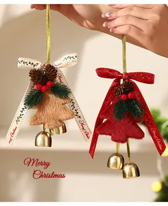 Plush Christmas tree hanging ornaments with festive bows and golden bells for decor.