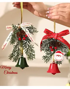 Charming Christmas bells hanging decor with pine cones and red berries set of two