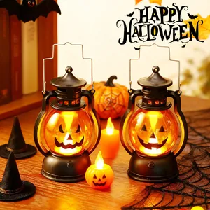 Σετ διακοσμητικά φανάρια κολοκύθας LED Halloween με ζεστό κίτρινο φως και λαβή