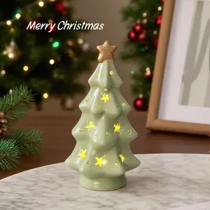 Ceramic Christmas tree night light with star cutouts for festive desktop decor