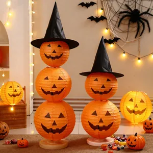 Halloween pumpkin paper lanterns with witch hats for festive home decor