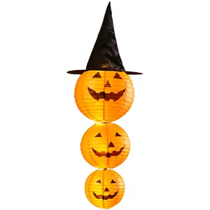 Three-tier Halloween pumpkin paper lantern tower with black witch hat for party decoration