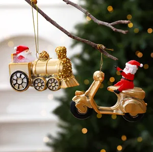 Golden PC Santa Claus Locomotive Motorcycle Christmas Tree Hanging Ornaments Festive Holiday Home Decoration Pendant Gift