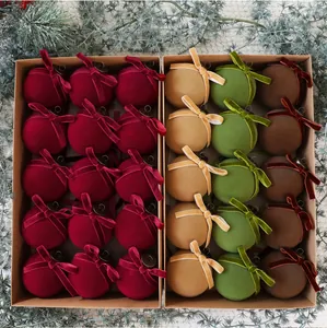 Boxed luxury velvet Christmas ornament balls with bows in red, green and brown tones