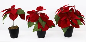 Lot de trois poinsettias rouges artificiels en pot pour décoration de Noël intérieure