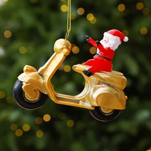 Festive Santa Claus riding a golden scooter hanging Christmas tree ornament detail
