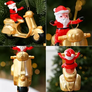 Santa Claus riding golden scooter Christmas tree ornament close-up details and angles