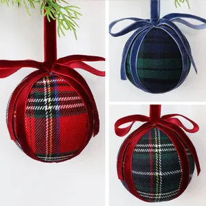 Close-up of 8cm plaid Christmas ball ornaments with velvet bows in different colors