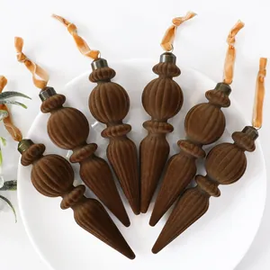 Exquisites 6er-Set braune beflockte Eiszapfen-Weihnachtsschmuck mit orangen Samtbändern
