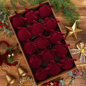 15pcs 8cm deep red velvet Christmas ball ornaments with bows in a brown kraft gift box.