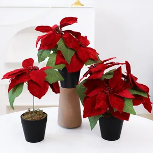 Plante en Pot Poinsettia de Noël Artificielle Fleur Rouge en Velours Ornement de Bureau pour Décoration de Salon et Cheminée