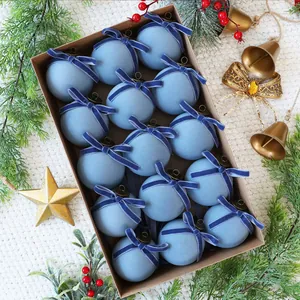 Set of 15 pieces blue velvet Christmas balls ornaments with elegant bows in a box