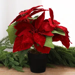 Plante de poinsettia rouge artificielle réaliste pour décoration de Noël intérieure et bureau