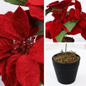 Fleur de poinsettia rouge artificielle réaliste en pot pour décorations de Noël.