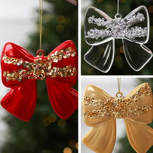 Set di fiocchi decorativi natalizi in rosso oro e trasparente con glitter molto lucidi