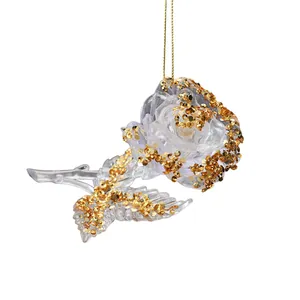 Elegant transparent acrylic rose ornament with gold glitter for Christmas tree hanging decoration