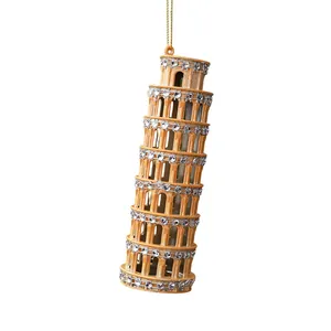Adorno navideño Torre de Pisa con pedrería plateada y cordón dorado para colgar