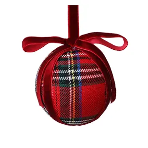 Traditional red plaid Christmas ball ornament with velvet ribbon bow, 8cm holiday decor.