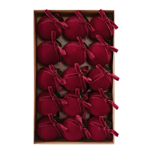 15-piece set of 8cm deep red velvet Christmas balls with elegant velvet bows