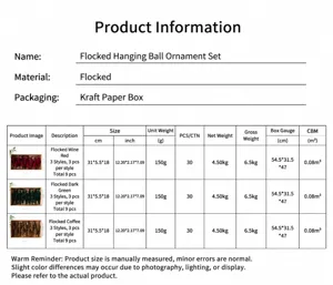 Product specification table for 9-piece flocked velvet Christmas ornaments in assorted colors