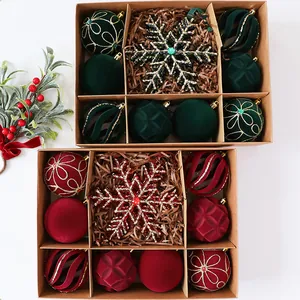 Detail view of velvet Christmas ornament sets in deep green and festive red with gold.