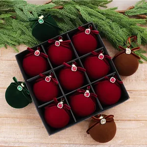 Flocked Velvet Christmas Tree Ball Ornaments With Rhinestone Ribbon Bow Decorative Hanging Ornaments For Holiday Home Decor