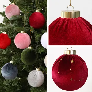 Detailed macro view of plush velvet Christmas ornaments with elegant gold star patterns
