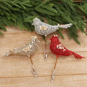 Set mit drei glitzernden hohlen Weihnachts-Vogelornamenten mit Clips für den Tannenbaum