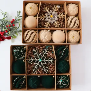 Velvet Christmas ball ornament sets in champagne and dark green with snowflake decor