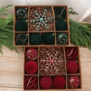 Elegant velvet Christmas ball and snowflake ornament sets in green and red boxes
