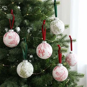Classic fabric wrapped Christmas balls with red and green forest print hanging on tree