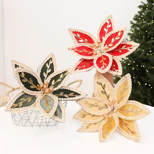 Grandes Fleurs de Noël Artificielles Poinsettia Tissu Réaliste Paillettes Décorations d'Arbre de Noël Avec Bordure Tissée Décor de Fête