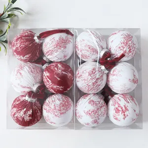 Set of 9 red and white fabric-wrapped Christmas ornaments in a clear box