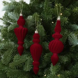 Set van 3 bordeauxrode geflokte kerstboomhangers in de vorm van een ornamentpunt