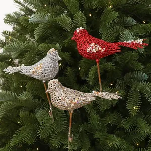 Elegantes Set mit drei glitzernden hohlen Vogel-Weihnachtsbaumanhängern mit Clips