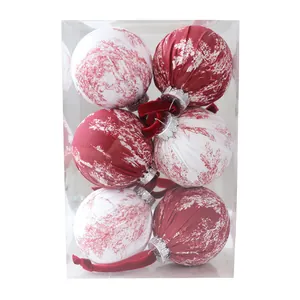 Set of 6 red and white fabric Christmas ball ornaments with toile de jouy print