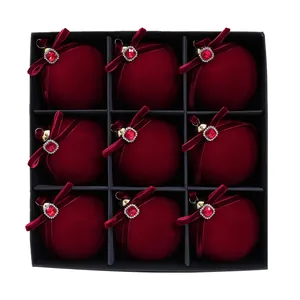 Luxury wine red velvet Christmas ornaments set with rhinestones and velvet bows.