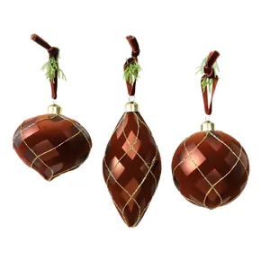 Set di tre palline di Natale in terracotta opaca floccata con dettagli in glitter oro